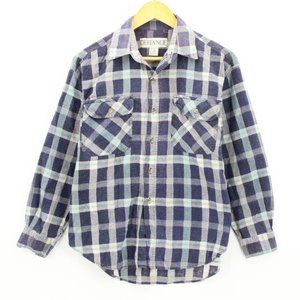 Vintage Defiance Flannel Shirt Women's Blue Plaid Button Down Long Sleeve Size L
